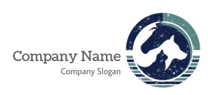 Circular logo featuring horse and dog silhouettes in teal and blue colors.