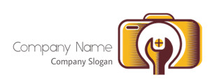 Illustrative design of a yellow and brown camera with a wrench symbol integrated.