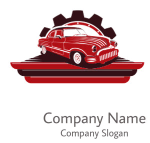 Illustration of a vintage red car with a gear in the background.