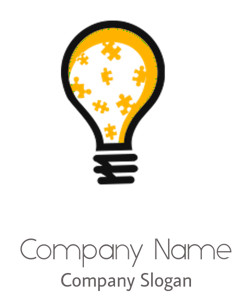 Illustration of a light bulb filled with orange puzzle pieces and a black outline.