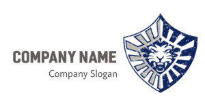 Emblem featuring a lion's face with radiating stripes on a shield background, colored in blue and gray.