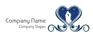Silhouette of a couple embracing inside a decorative blue heart graphic.