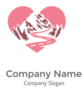 Illustration of a heart-shaped mountain landscape with trees and a winding path in pink hues.