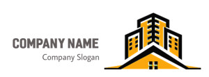 Illustration of a modern building icon in black and orange colors.