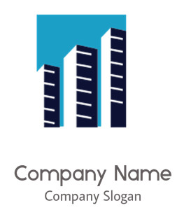 Illustration of modern skyscrapers against a blue background.