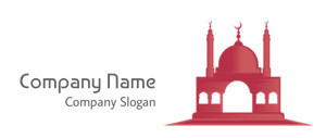 Silhouette of an iconic mosque with a central dome and two minarets in red color.