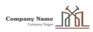 Construction logo featuring two hammers crossed over stylized buildings.