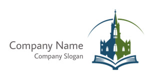 Logo featuring a historic church silhouette with an open book at the base, divided into blue and green sections.