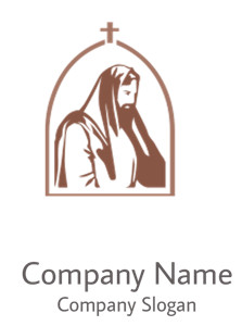 Silhouette of a religious figure with flowing robes under an archway topped by a cross.