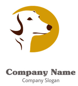Stylized silhouette of a dog's head in brown and yellow.