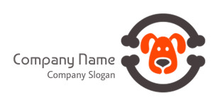 Illustration of a dog within a circular arrow design in orange and black.