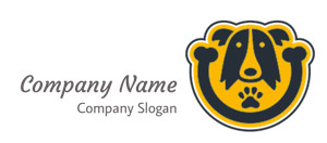 Logo featuring a cute dog face and a paw print in yellow and black.