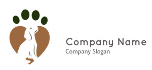 Logo of a dog silhouette within a heart and paw print design.