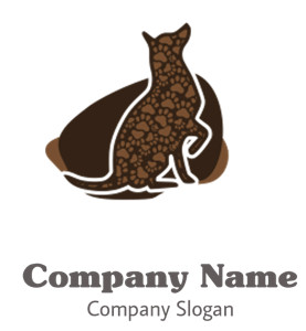 Abstract depiction of a dog silhouette filled with paw print patterns in brown shades.