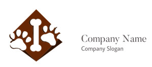 Logo with a dog bone and paw prints on a brown background.