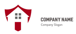 Red and white logo with a house and shield design.