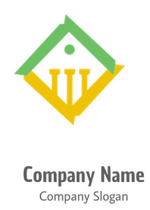 Geometric logo with a green and yellow trident design on a white background.