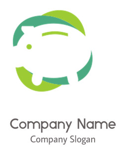 Green piggy bank logo surrounded by overlapping green shapes.