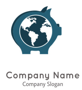 Icon of a piggy bank with a world map inside, symbolizing global finance and savings.