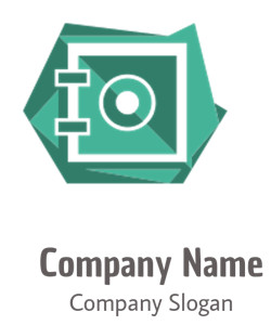Vector icon of a secure safe with a teal color scheme and geometric design.