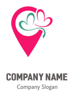 Abstract logo with a stylized heart and wings in pink and green.