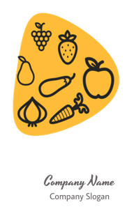 Illustrated icons of various fruits and vegetables on a yellow background.