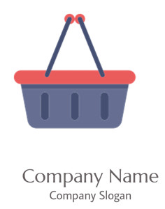 A minimalist icon of a shopping basket with red handles and a blue body.
