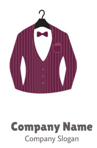 Illustration of a burgundy tuxedo jacket with bow tie on a hanger.