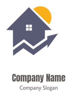Icon depicting a blue house with a rising arrow and sun, symbolizing real estate growth.