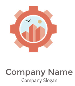 Abstract icon featuring a gear with a cityscape inside, showing geometric buildings, a bird, and a sun.
