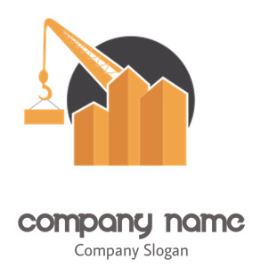 Illustration of a construction crane lifting material with a building silhouette.