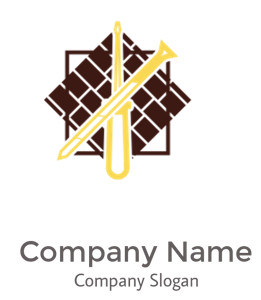 Yellow needle and trumpet crossed over a brown woven pattern background.