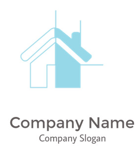 Minimalist blue outline of a house icon with chimney and slanted roof.