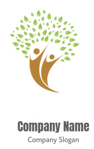 Abstract logo with two brown figures forming a tree with green leaves.