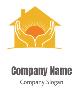 A yellow house with a sun and two hands forming a protective shape.