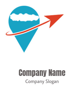 Icon featuring a blue location pin with a white cloud and an orange arrow encircling it.