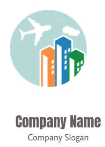 Icon depicting an abstract cityscape with colorful buildings and an airplane in the sky.