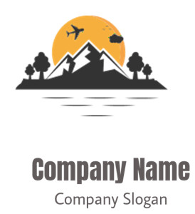 Silhouette of mountains and trees with a sunset, airplane, birds, and lake.