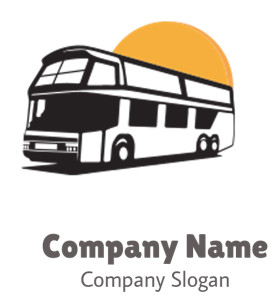 Silhouette of a double-decker bus with a sun setting in the background.