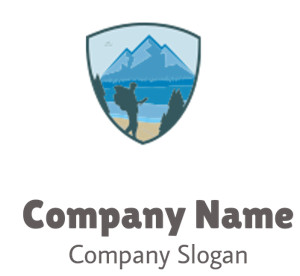 Emblem featuring a hiker silhouette in front of a mountain with a plane overhead.