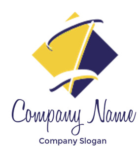 Abstract geometric logo with yellow and blue shapes.