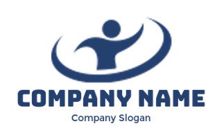 Abstract blue logo with a dynamic figure surrounded by a swirl.