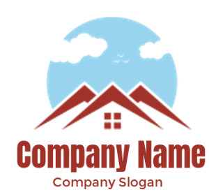 Logo featuring abstract mountains and a house with a blue sky and clouds.