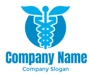 Blue caduceus symbol with a winged staff, representing healthcare and medicine.