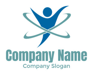 Abstract logo featuring a human figure surrounded by swirling lines in blue and teal.