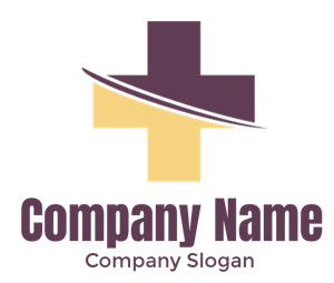 A logo featuring a healthcare cross in purple and yellow with a curved line.