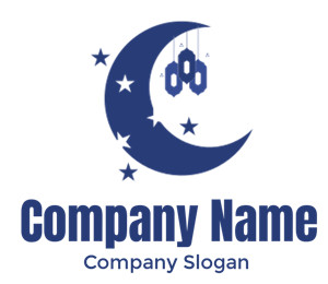 Illustration of a blue crescent moon with stars and hanging lanterns.