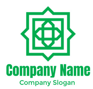 Intricate green geometric logo with a symmetrical pattern.