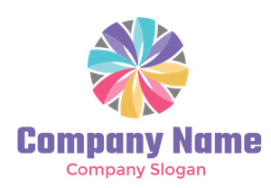 A colorful pinwheel design with symmetrical geometric shapes.