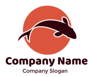 Silhouette of a fish on a red circle background.